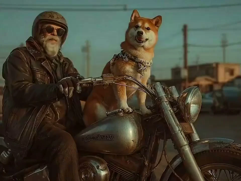 FLOW AI video generator clip of an old biker in sunglasses riding a motorcycle with a Shiba Inu