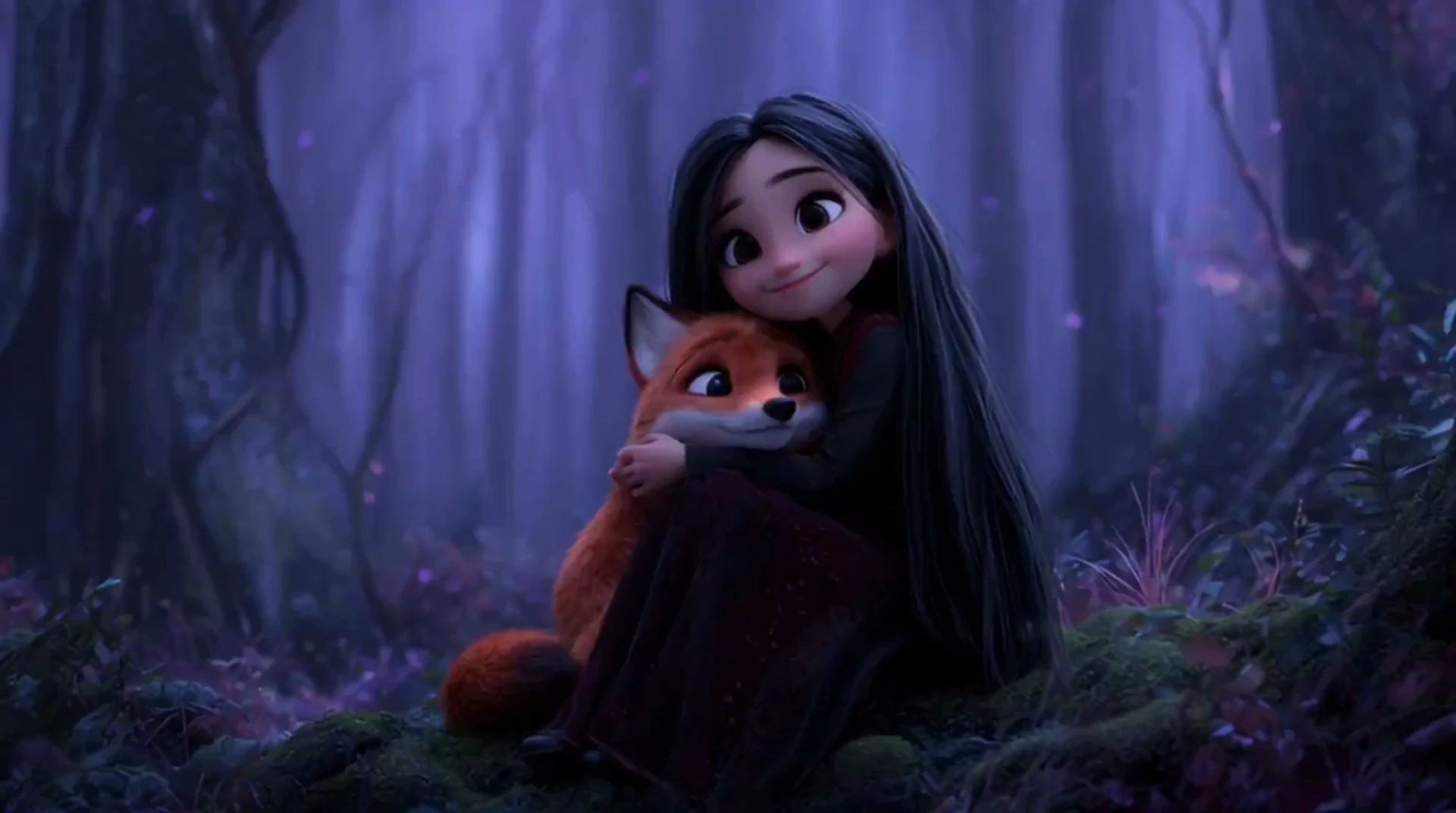 Girl and Fox in a Violet Forest