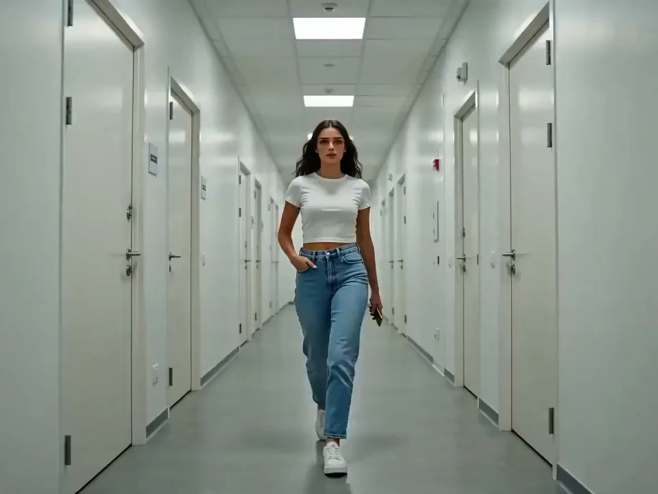 FLOW AI video generator photo-to-video clip of a woman in jeans walking down a white corridor