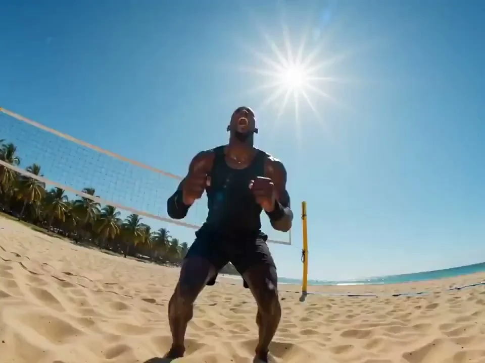 FLOW AI video generator hook clip of a volleyball player jumping for a spike on the beach