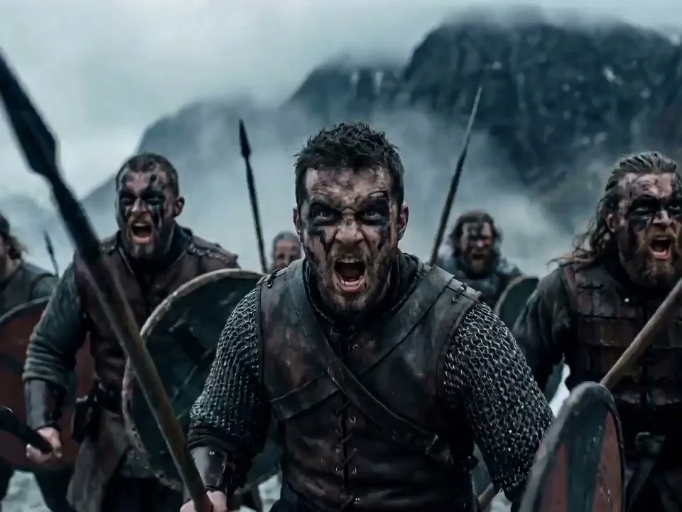 FLOW AI video generator wide scene of warriors charging across a misty battlefield